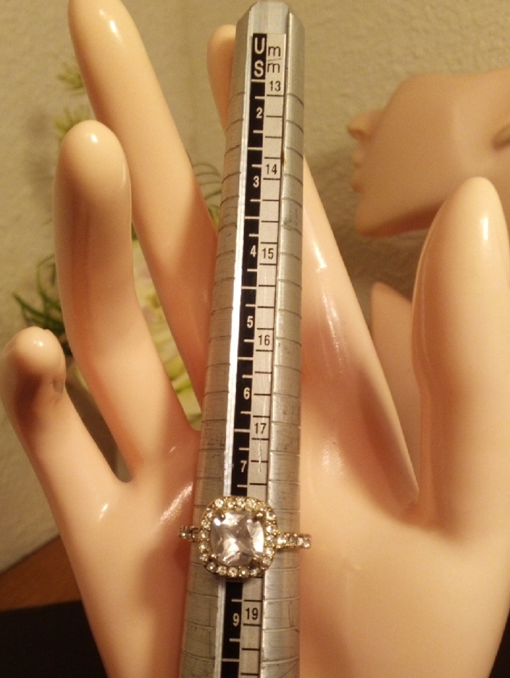 Gold Tone Cushion Cut Halo Cocktail Ring Size 8 Clear Stone Pave‎ Band